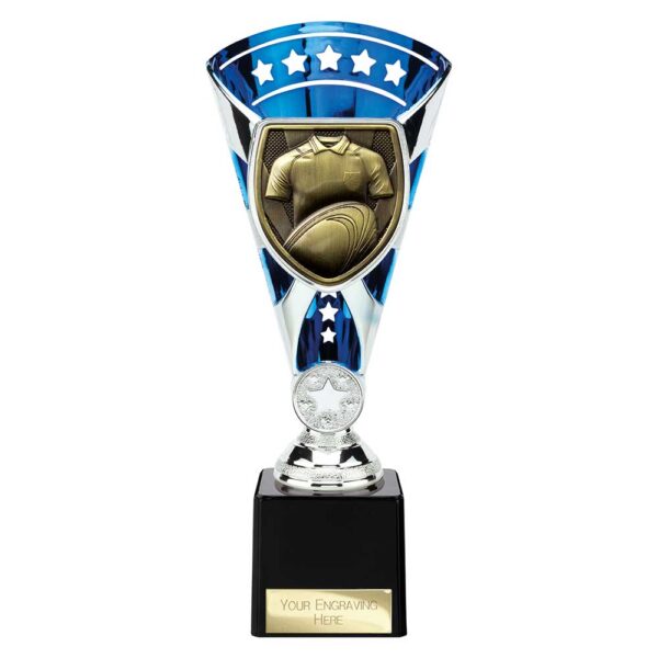 Cobra Star Trophy Cup Rugby Shirt and Ball Blue and Silver Trophy HQ