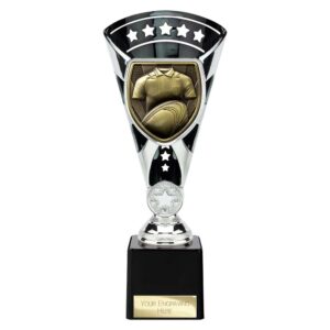 Cobra Star Trophy Cup Rugby Shirt and Ball Silver and Black Trophy HQ