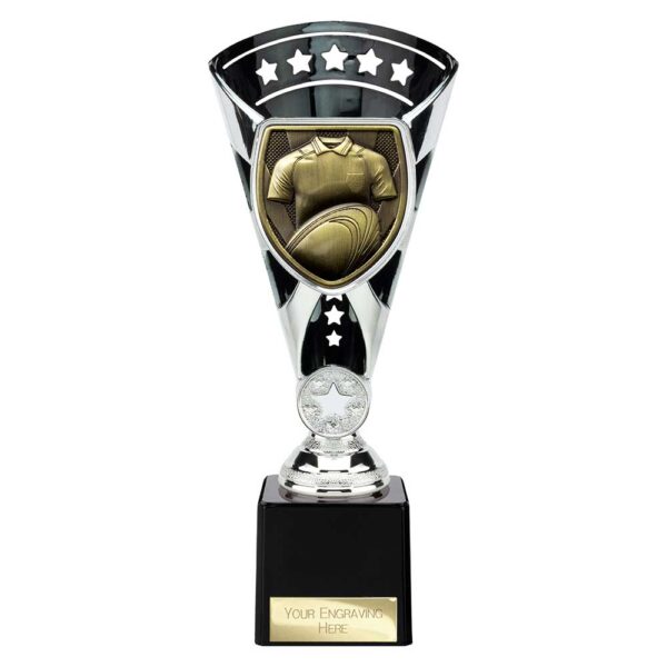 Cobra Star Trophy Cup Rugby Shirt and Ball Silver and Black Trophy HQ